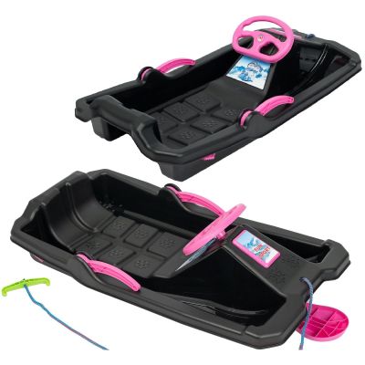 PLASTIC SLED WITH BRAKE AND HANDLEBAR ADAŚ 84x43x25CM BLACK WITH PINK