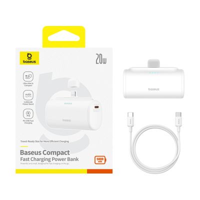 5. Baseus Compact 5000mAh 20W Powerbank with Lightning Connector and USB-C Socket - White