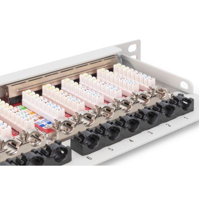 25. High density patch panel 19'' 24x RJ45, LSA level, cat.6A, shielded, 0.5U, gray, cable guide