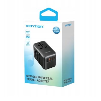 Vention 65W GaN Universal Travel Adapter with Charger 2x USB-A 2x USB-C Black