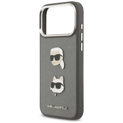 6. Karl Lagerfeld FW Grained Karl & Choupette Heads Pins & Logo iPhone 17 Pro Max Case - Gray