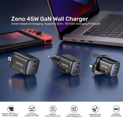 35. UNITEK 2X GAN 45W CHARGING UNIT, 2XUSB-C PD 3.0, QC, BLACK