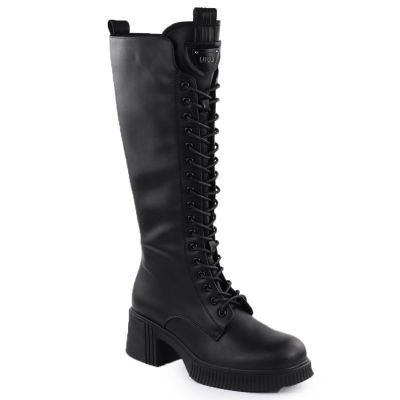 6. Women’s Leather Lace-Up Officer Boots with Block Heel, Black, Vinceza 66804