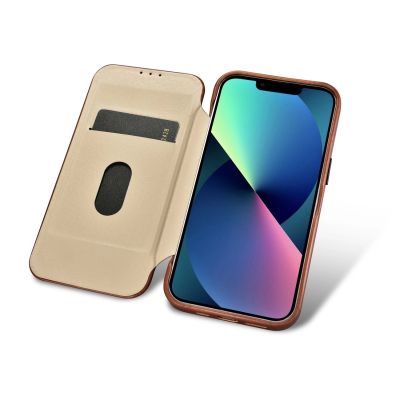 16. iCarer CE Oil Wax Premium Leather Folio Case iPhone 14 Plus magnetic flip case MagSafe brown (AKI14220707-BN)