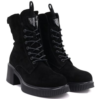 4. Women's leather ankle boots with a block heel and platform, black Vinceza 67009