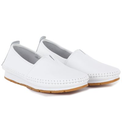 4. Women's leather slip-on shoes, white, S.Barski LR61-7051