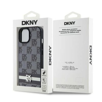 8. DKNY Leather Checkered Mono Pattern & Printed Stripes Case for iPhone 15/14/13 - Black
