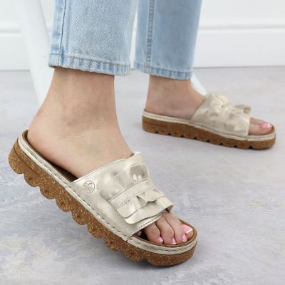 6. Women’s gold platform mules with ruffle detail Rieker V8763-60