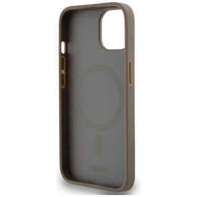 6. DKNY Leather Printed Pattern Metal Logo MagSafe Case for iPhone 15 / 14 / 13 - Brown