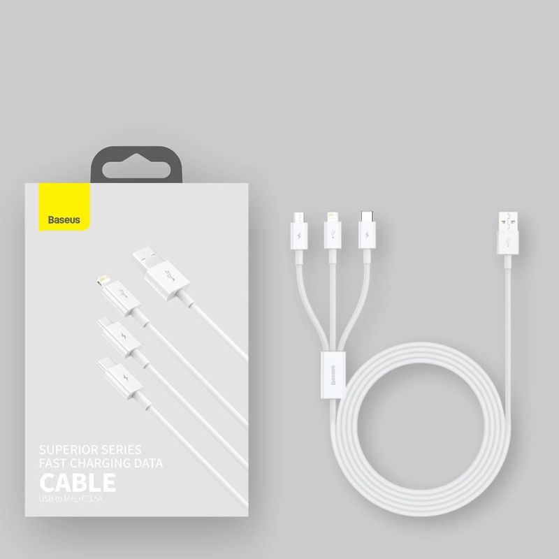 19. Baseus Superior 3in1 USB Cable - Lightning / USB Type C / Micro USB 3.5 A 1.5 m White (CAMLTYS-02)