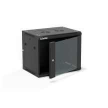 19" 9U 600x450 wall-mounted cabinet, (double-section option), single-leaf glass door, removable full rear cover, removable full side covers, lockable, 4 beams, black, ALANTEC