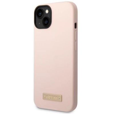 2. Guess Silicone Logo Plate MagSafe Case for iPhone 13 / 14 / 15 - Pink