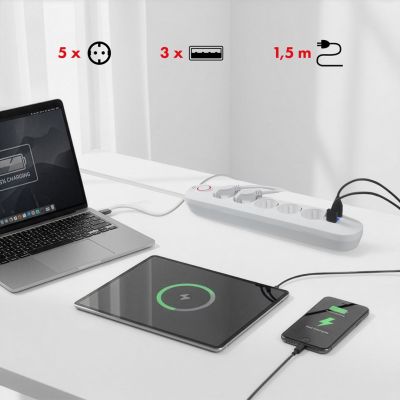 11. MACLEAN POWER STRIP EXTENSION CORD 5 OUTLETS + 3XUSB, 110-240V AC 50/60HZ, 2.1A MAX 2500W, 1.5M, WHITE MCE395W