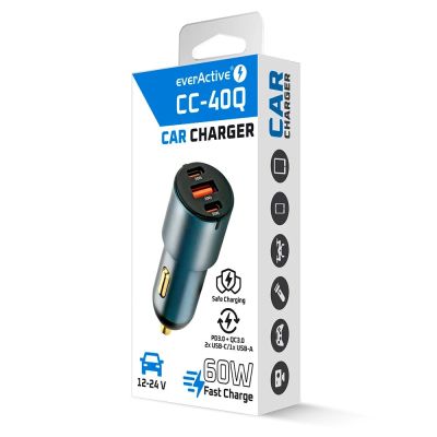7. EVERACTIVE CAR CHARGER 1X USB QC3.0, 2X USB-C PD 60W BLACK CC-40Q