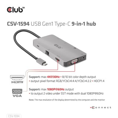 10. CLUB3D CSV-1594 USB 3.2 Gen 1 (3.1 Gen 1) Type-C Docking Station Black, Gray