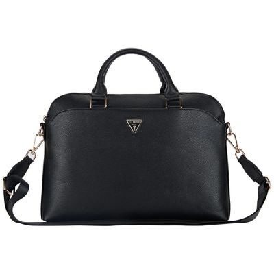 Guess Grained Zipper Pocket Triangle Logo 15" Laptop Bag - Black