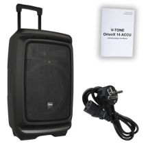 V-TONE OrionX 14 ACCU - Active speaker, black, rechargeable, Bluetooth, TWS, USB, AUX, FM, DSP, extendable handle, transport wheels, 135W RMS