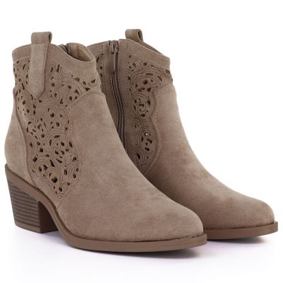 3. Women's suede ankle boots with openwork heel, beige, S.Barski HY61-8012