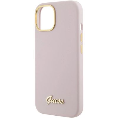6. Guess Silicone Script Metal Logo & Frame case for iPhone 15 - pink