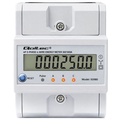 24. Qoltec 50980 Three-phase electronic meter with reset | DIN rail energy meter | 400V | 100A | LCD | LED | 4P
