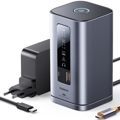 Baseus Spacemate RD1 hub 11in1 USB-C docking station - 2xHDMI 4K@60Hz 2xDP 4K@60Hz 2xUSB-A 10Gb/s USB-C 10Gb/s RJ45 USB-A 480Mb/s USB-C PD mini jack 3.5mm EU charger - gray
