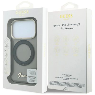 9. Guess IML Ring Stand 360 Script Metal Logo MagSafe Case for iPhone 17 Pro / 18 Pro - Black