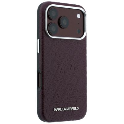 4. Karl Lagerfeld Grained Allover Logo Metal Elongated MagSafe Case for iPhone 17 Pro / 18 Pro Max - Burgundy