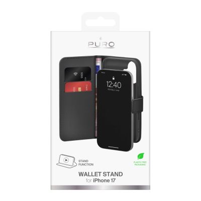 2. Puro Wallet Stand case for iPhone 17 made of eco-leather, with a flap, wallet and stand function - black