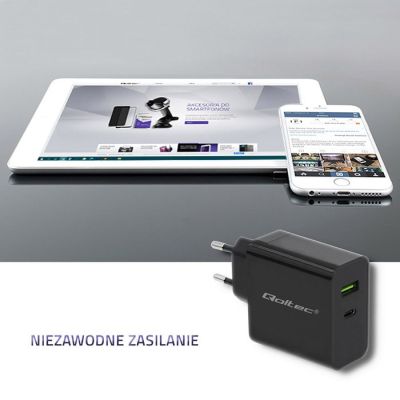 3. QOLTEC WALL CHARGER 42W | 5-20V | 2.25-3A | USB TYPE C PD | USB | BLACK