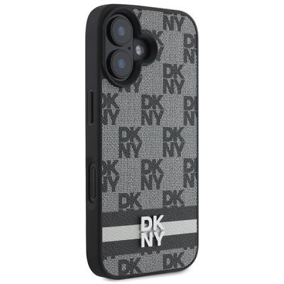 4. DKNY Checkered Pattern & Printed Stripes iPhone 16 Case - Black