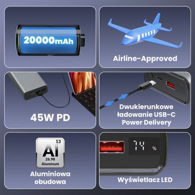 27. Extralink Powerbank EPB-126 20000mAh Silver Power bank, 45W PD, USB-C