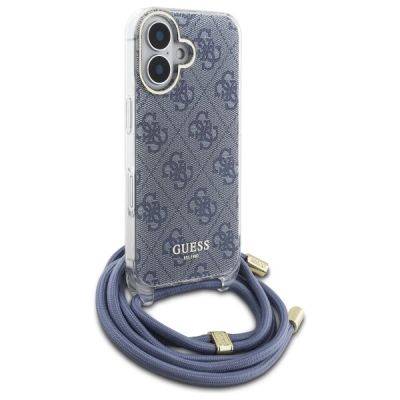 3. Guess Crossbody Cord 4G Print Case with Lanyard for iPhone 16 - Blue