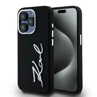 Karl Lagerfeld Silicone Metal Script Logo iPhone 15 Pro Max Case - Black