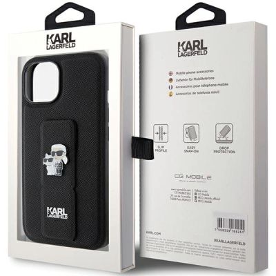 8. Karl Lagerfeld Gripstand Saffiano Karl&Choupette Pins case for iPhone 15 Plus / 14 Plus - black