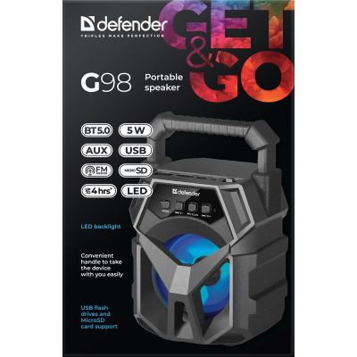 9. DEFENDER G98 Bluetooth Speaker 5 W BT/FM/TF/USB/AUX/LED 65098