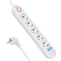 MACLEAN POWER STRIP EXTENSION CORD 5 OUTLETS + 3XUSB, 110-240V AC 50/60HZ, 2.1A MAX 2500W, 1.5M, WHITE MCE395W