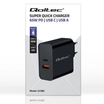 8. QOLTEC SUPER QUICK PD CHARGER | 1XUSB-C | 1XUSB | 65W | 5-20V | 1.5-3.25A | BLACK