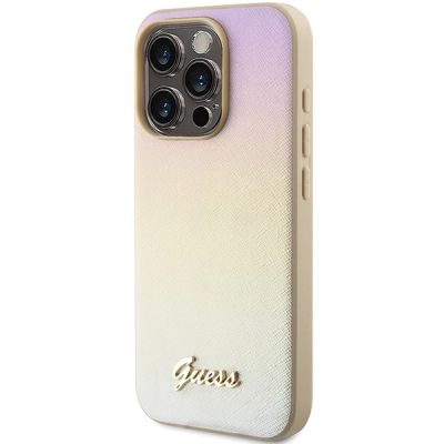 2. Guess Saffiano Iridescent Script case for iPhone 15 Pro - gold