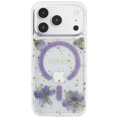 3. Guess Resin Flowers Glitter MagSafe Case for iPhone 18 Pro / 17 Pro - Purple