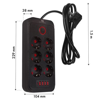 7. MACLEAN POWER STRIP, EXTENSION CORD 6 OUTLETS + 4XUSB, 110-240V AC 50/60HZ, 2.1A MAX 2500W, 1.5M, BLACK MCE389 B