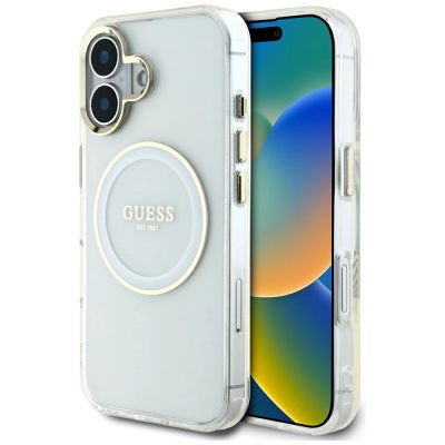 Guess IML Metal Colored Circle Classic Logo MagSafe case for iPhone 16 - white