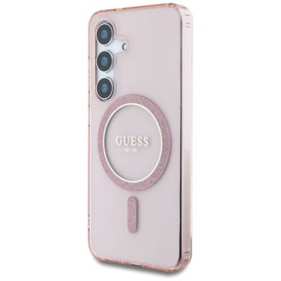 2. Guess Glitter Circle Classic Logo MagSafe Case for Samsung Galaxy S25 Pink