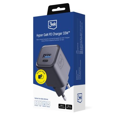 5. 3mk Hyper Charger PD 33W GaN QC4+ PPS AFC FCP SCP 1A1C Wall Charger - Black