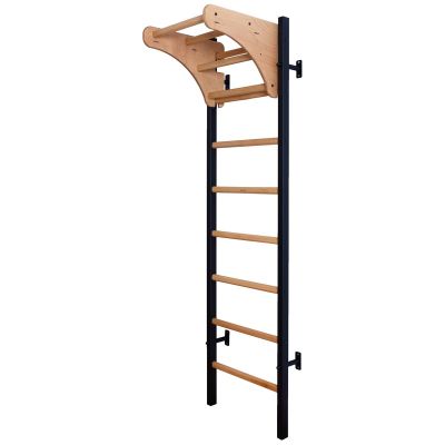 17. GYMNASTIC WOODEN AND METAL WALL BAR WITH 4 HANDLES WITH A WOODEN BAR BENCHK 211B