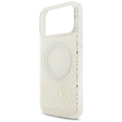 6. Guess IML Flowers Allover Electroplated with Pearl Strap MagSafe Case for iPhone 18 Pro Max / 17 Pro Max - White