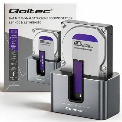 10. Qoltec 52631 HDD SSD Docking Station | SATA | M.2 NVMe | Cloning | USB-C | 10Gb/s | 28TB