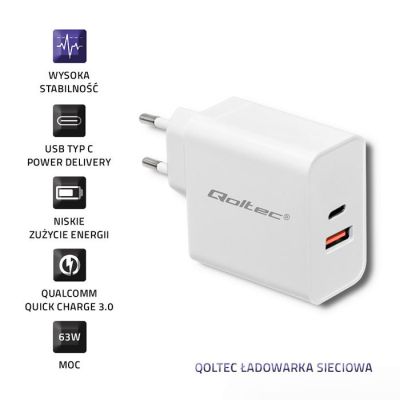 3. QOLTEC WALL CHARGER 63W | 5-20V | 1.5-3A | USB TYPE C PD | USB QC 3.0 | WHITE