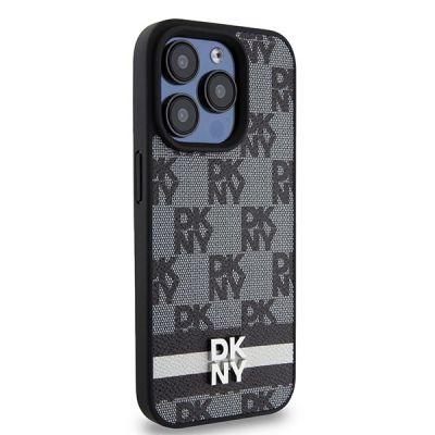 4. DKNY Leather Checkered Mono Pattern & Printed Stripes Case for iPhone 15 Pro Max - Black