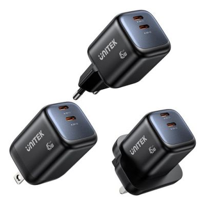 4. UNITEK 2X GAN 45W CHARGING UNIT, 2XUSB-C PD 3.0, QC, BLACK