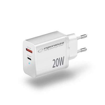 2. ESPERANZA 20W USB-C PD 20W / USB-A QC 3.0 18W MAINS CHARGER, WHITE EZC105W